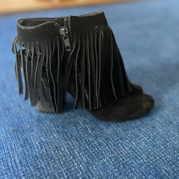 Black Suede Open-Toe Fringe Bootie - Picture 3 of 3